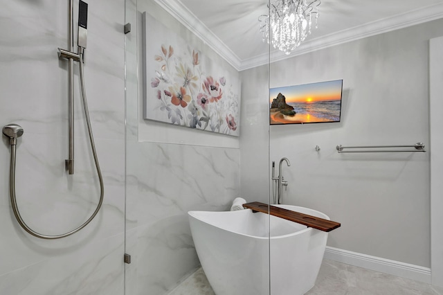 bathroom featuring a washtub, tile walls, crown molding, and an inviting chandelier