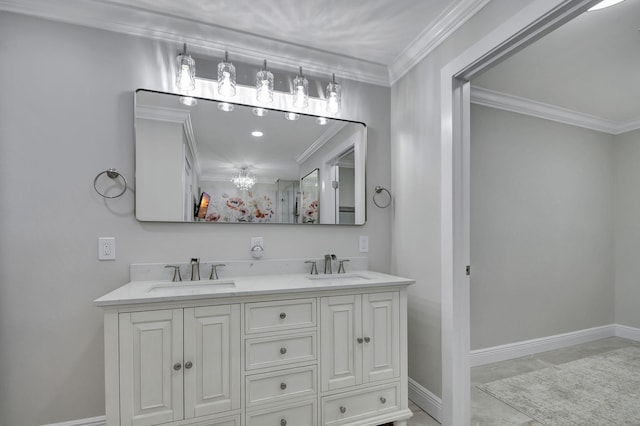 bathroom with tile patterned floors, crown molding, and vanity