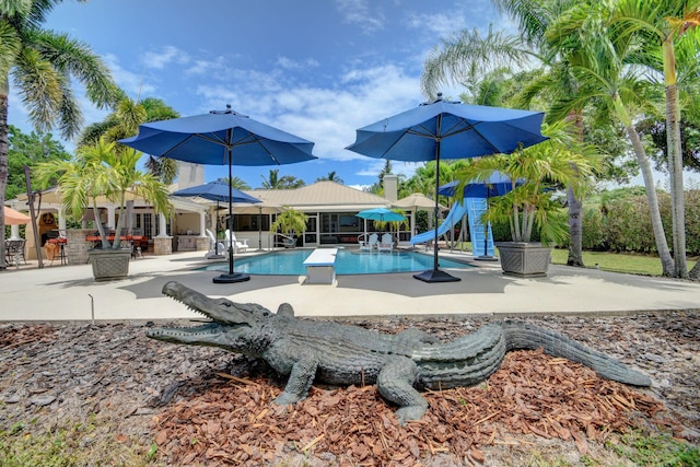 view of pool with a patio area and a water slide