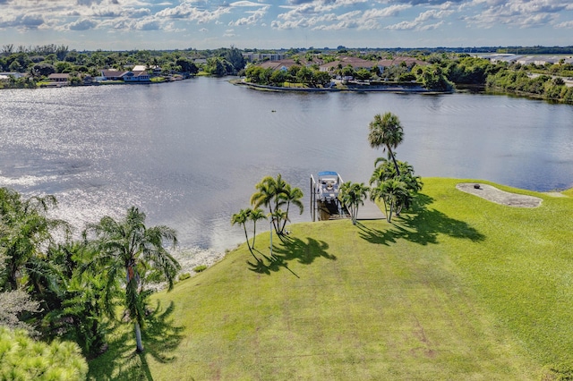 bird's eye view with a water view