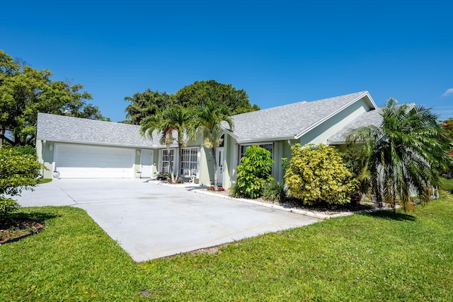 single story home featuring a front yard and a garage