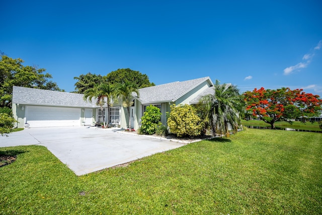 single story home with a front yard and a garage