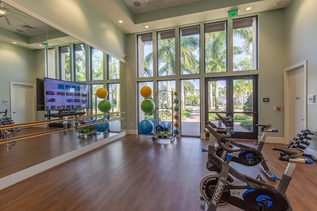 exercise room featuring a high ceiling, french doors, and wood-type flooring