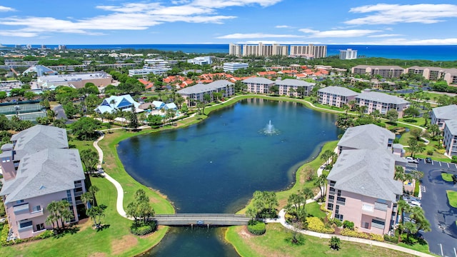 aerial view featuring a water view