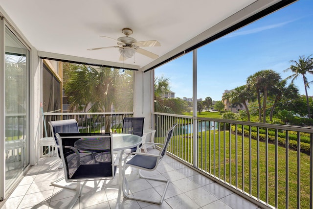 sunroom featuring ceiling fan and a water view