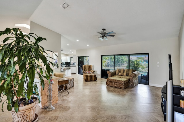 living room with ceiling fan