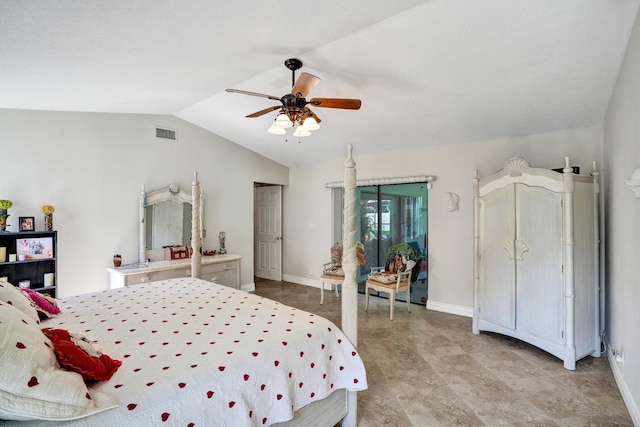 bedroom featuring ceiling fan and lofted ceiling