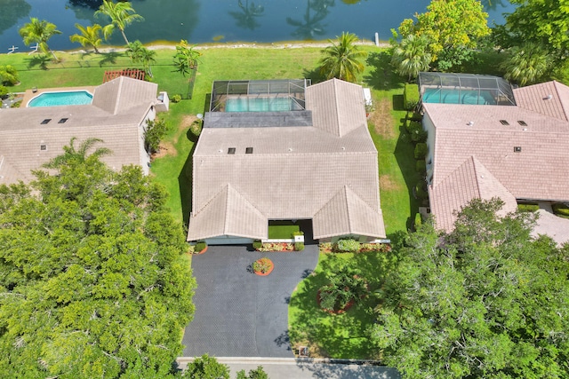 aerial view featuring a water view