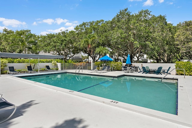 view of swimming pool featuring a patio area