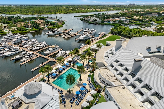 birds eye view of property featuring a water view