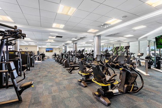 gym with a paneled ceiling, carpet flooring, and a wealth of natural light