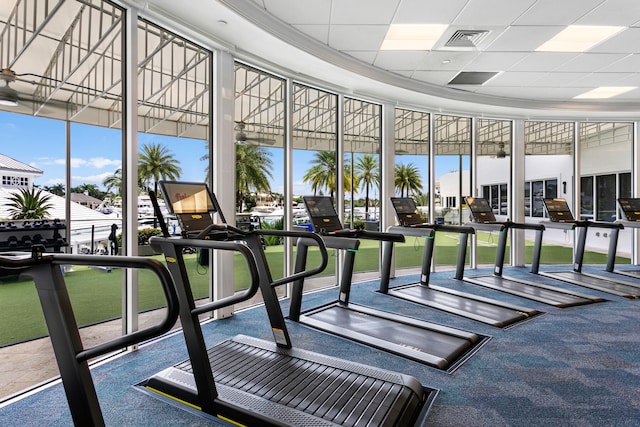 exercise room featuring expansive windows, crown molding, and a paneled ceiling