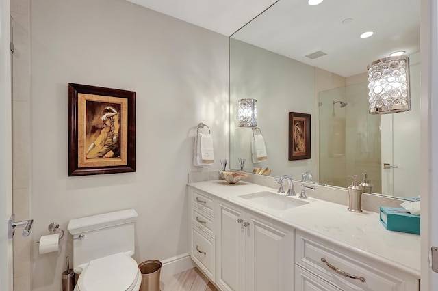 bathroom with vanity, toilet, and a shower