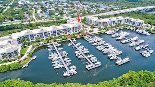 aerial view featuring a water view