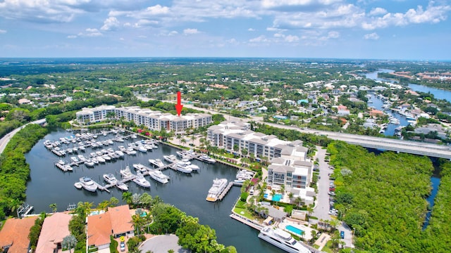 aerial view featuring a water view