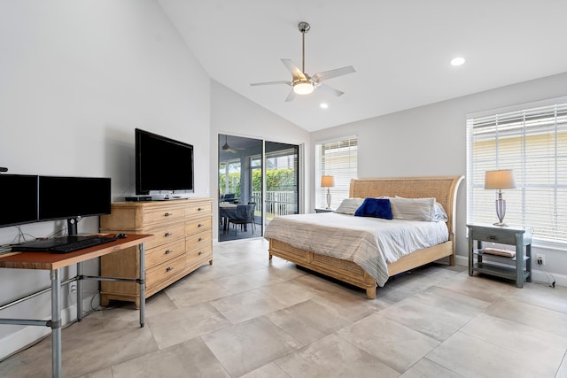 tiled bedroom featuring access to outside, ceiling fan, and high vaulted ceiling