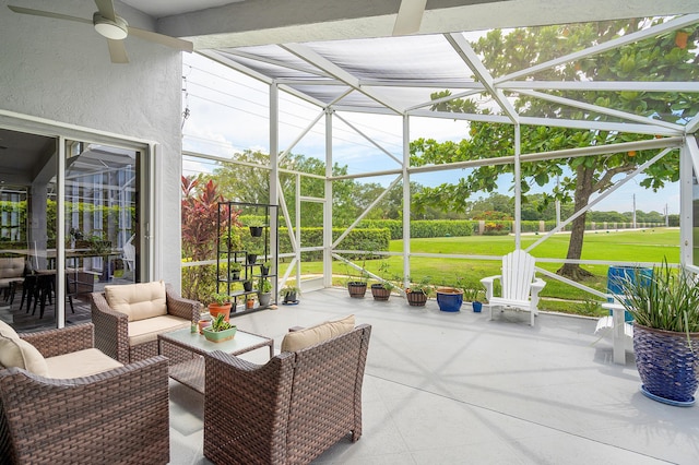 view of patio / terrace featuring a lanai