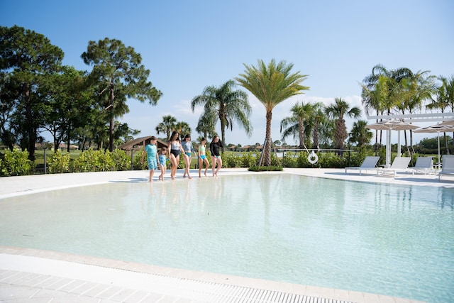 view of swimming pool featuring a patio