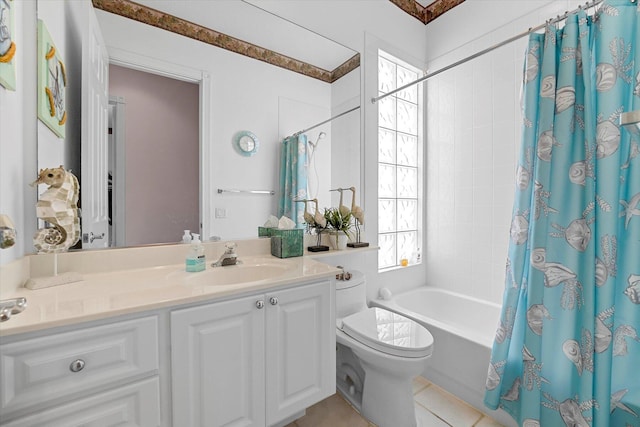 full bathroom with tile patterned floors, shower / bathtub combination with curtain, vanity, and toilet