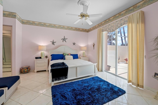 bedroom featuring tile patterned floors, access to exterior, and ceiling fan