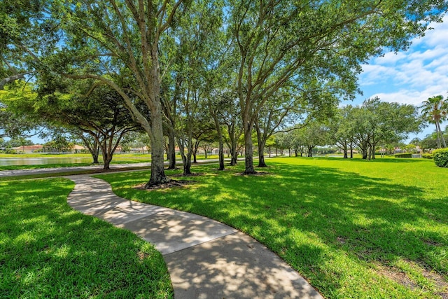 surrounding community with a lawn and a water view