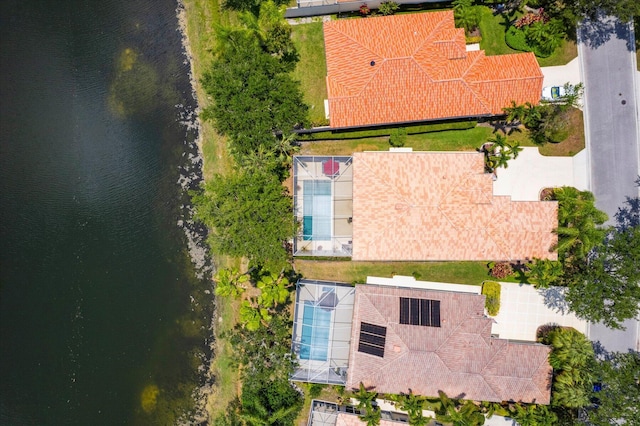 drone / aerial view featuring a water view