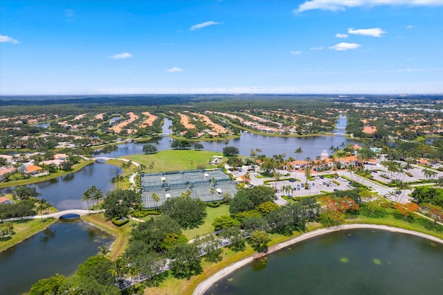 bird's eye view with a water view