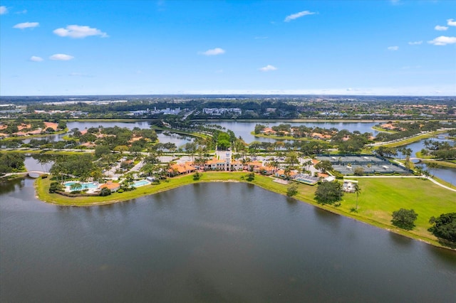 drone / aerial view with a water view