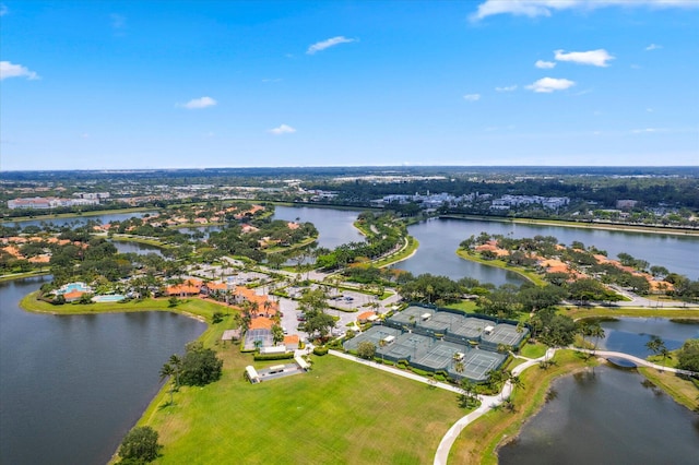 bird's eye view with a water view