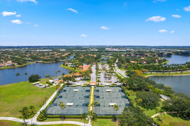 drone / aerial view featuring a water view