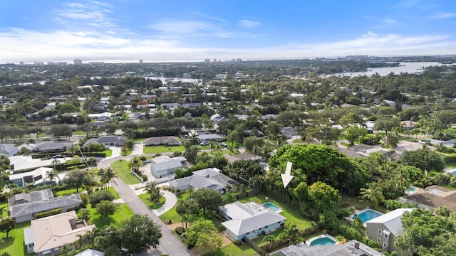 drone / aerial view with a water view