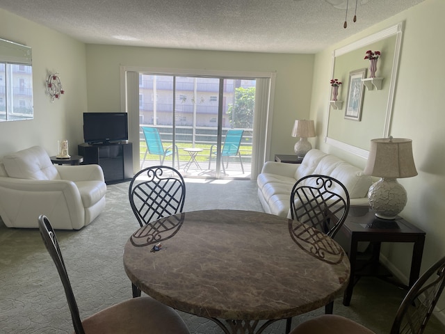 carpeted dining space featuring a textured ceiling