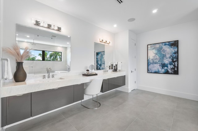 bathroom featuring tile flooring and double sink vanity