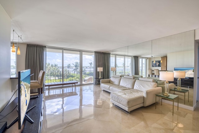 living room with floor to ceiling windows