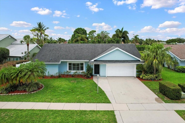 ranch-style home featuring a front yard and a garage