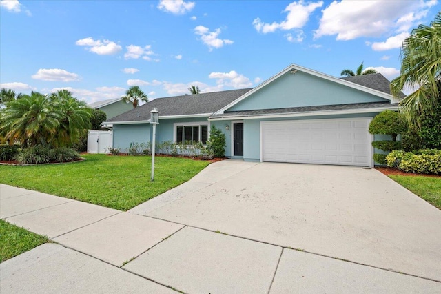 ranch-style home with a garage and a front yard