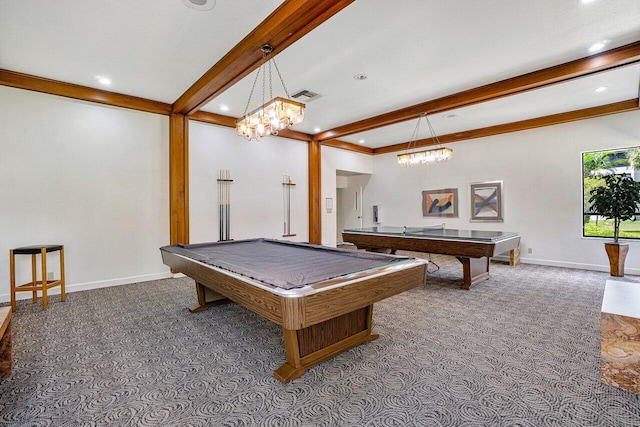 game room featuring carpet flooring, pool table, beam ceiling, and a chandelier