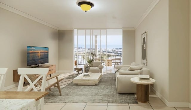 tiled living room featuring ornamental molding