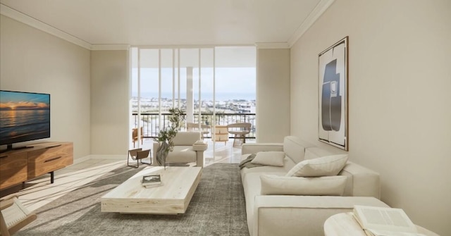 living room featuring light tile patterned flooring and ornamental molding