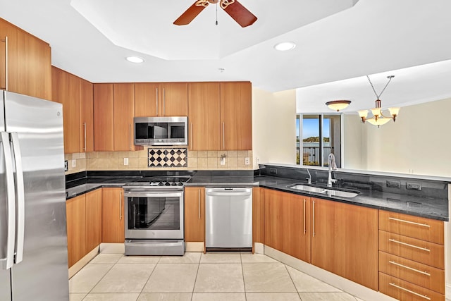 kitchen with sink, ceiling fan, decorative backsplash, light tile patterned floors, and appliances with stainless steel finishes