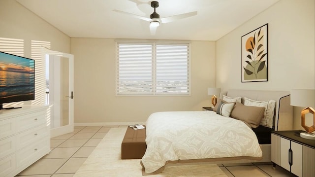 bedroom with light tile patterned floors and ceiling fan