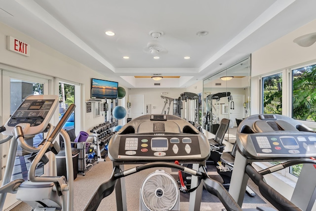 workout area featuring carpet floors, a tray ceiling, a wealth of natural light, and ceiling fan