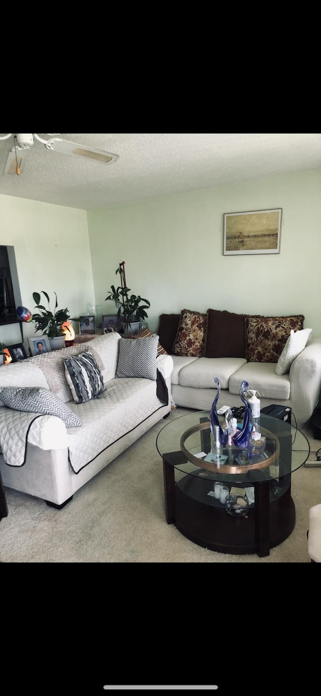 living room featuring carpet, ceiling fan, and a textured ceiling