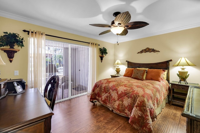 bedroom featuring access to exterior, ceiling fan, crown molding, and dark wood-type flooring