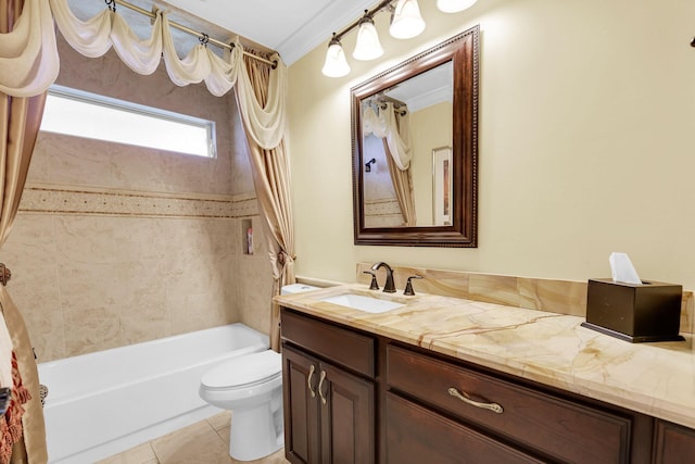 full bathroom featuring tile patterned flooring, toilet, shower / tub combo with curtain, vanity, and ornamental molding