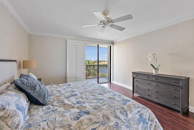 bedroom featuring ceiling fan, access to outside, ornamental molding, and dark hardwood / wood-style floors