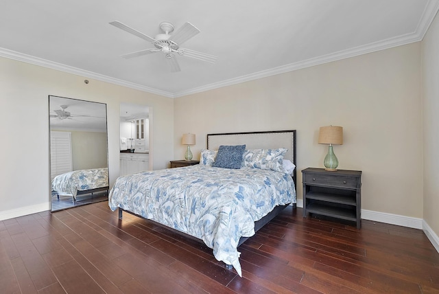 bedroom featuring ensuite bathroom, ceiling fan, crown molding, and dark hardwood / wood-style floors