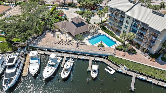 drone / aerial view featuring a water view