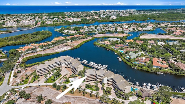 aerial view featuring a water view