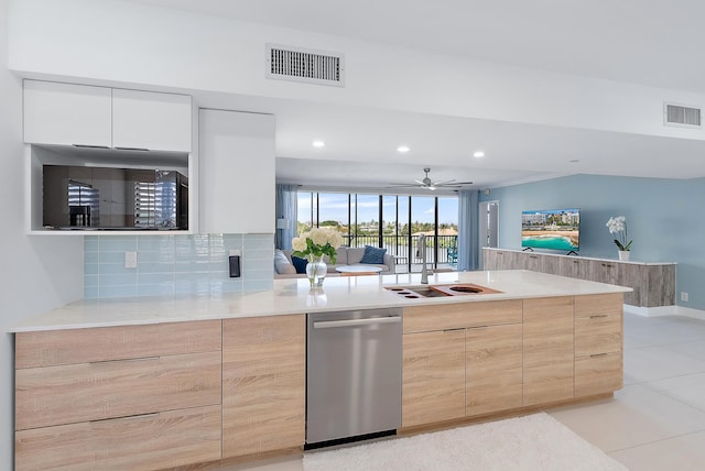 kitchen featuring sink, white cabinetry, ceiling fan, tasteful backsplash, and stainless steel dishwasher